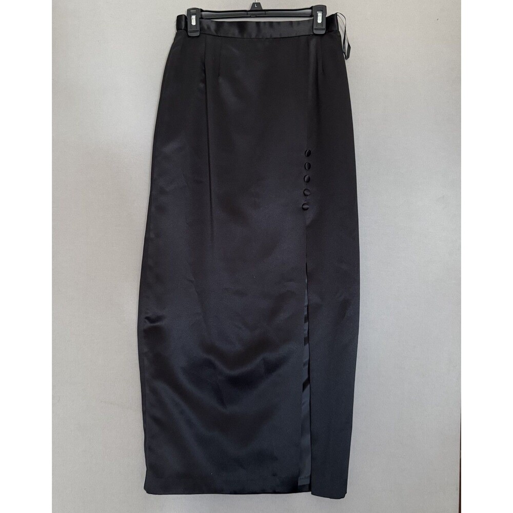 Vintage ALEX EVENINGS Midi Skirt 12P Black Straight Pencil Satin Side Buttons